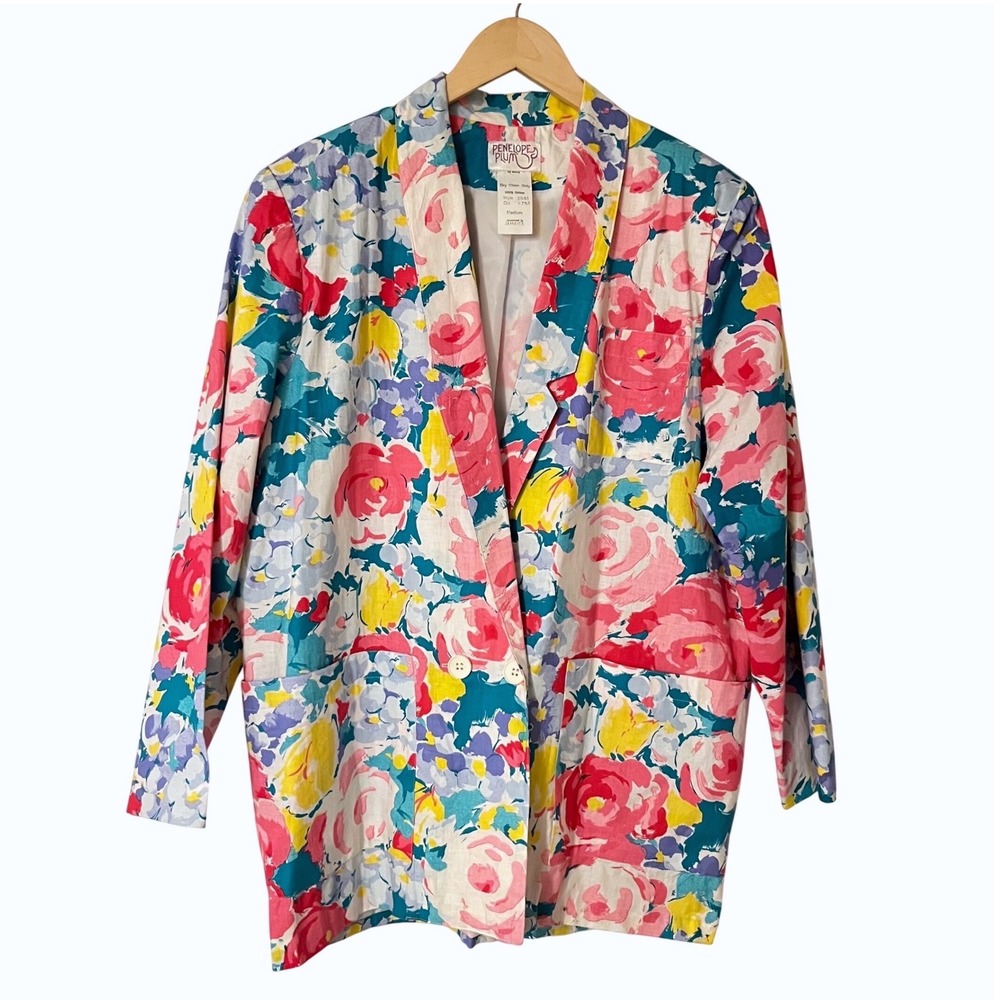 Penelope Plum Vintage Floral Cotton Blazer Jacket Pink Yellow Blue Size Medium
